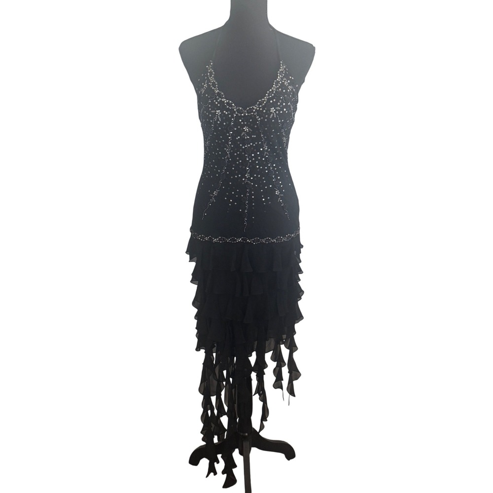 Vtg Sue Wong Nocturne Black Silk Beaded Sequin Ruffle Halter Dress 4 Whimsigoth
